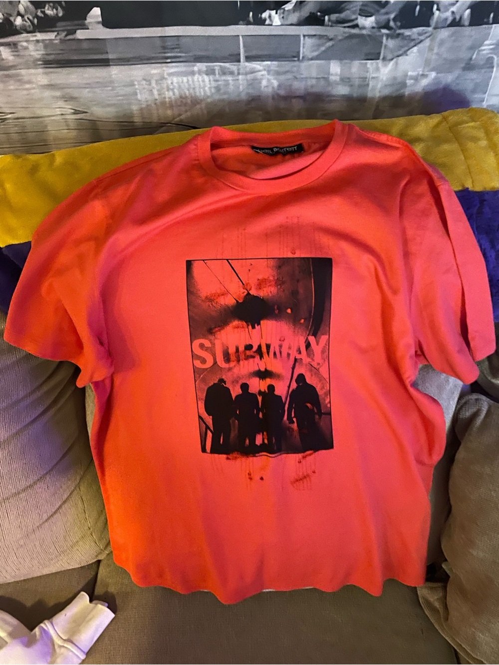Neil Barrett “Chaotic Subway” Graphic Coral Orange T-Shirt, size Men XL